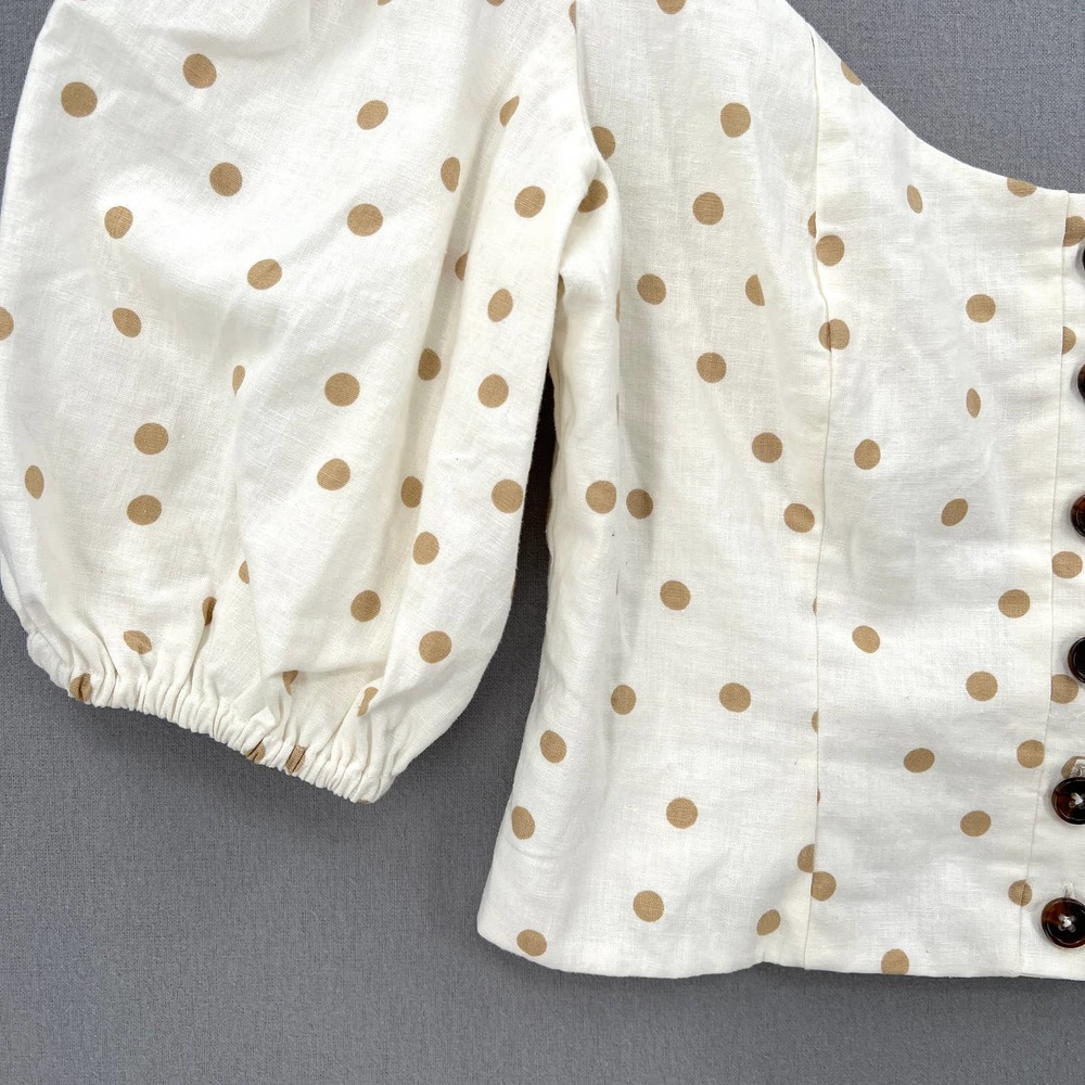 LPA Shirt Womens Medium White Linen Puff Sleeve Crop Top Button Front Polka Dot - Picture 5 of 14